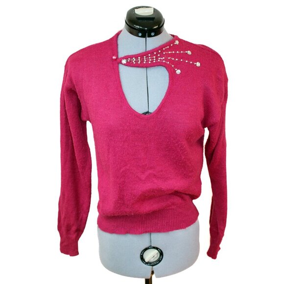 Vintage A'MILANO Women's Small Pink Sweater Beaded Pearl Rhinestone Glam Retro - Picture 1 of 4